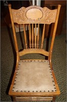 CARVED BACK, LEATHER SEAT DINING CHAIRS - 6 TIMES