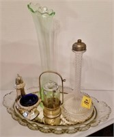 GREEN GLASS VASE, LAMP BASE, SERVING TRAY, ETC.