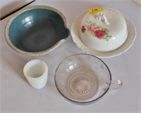HAND THROWN BATTER BOWL, COVERED ROUND BUTTER