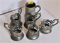PEWTER MUG AND 5 PEWTER CUP HOLDERS