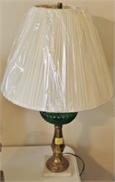 BRASS AND GLASS LAMP ON MARBLE BASE