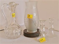 CANDLE HOLDERS AND DECANTER W/CRACK