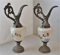 PAIR METAL AND GLASS DECORATIVE EWERS 1 HAS SMALL