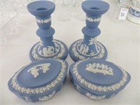 WEDGEWOOD CANDLESTICKS, COVERED DISHES