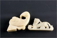 Chinese White Jade Carved Bird and Kirin Toggle