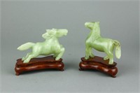 Pair of Chinese Green Hardstone Carved Horses