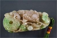 Burma Green Jadeite Carved Toad and Lotus Toggle