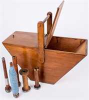 Vintage Wood Handled Box and Antique Bobbins