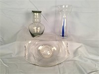 Clear Glass Pitcher, Dish and Unique Vase