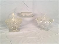 Crystal Candy dish, & 2 clear glass butter dishes