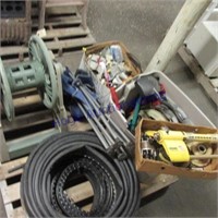 Hose reel,  lawn trimmer, tote of misc items