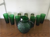 Emerald Glass Pitcher & 9 Glasses