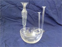 Clear glass vases, and dish