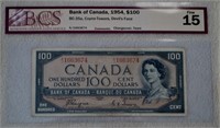 1954 $100  CAD Graded Fine Note Devils Face
