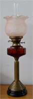 Antique Cranberry & Satin Glass Oil Parlor Lamp
