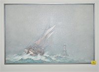 Framed Oil on Canvas of Sailboat with Lighthouse