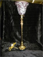 BRASS LAMP WITH UPRIGHT PAINTED SHADE