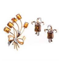A Pair of Citrine & Diamond Earrings and Pin