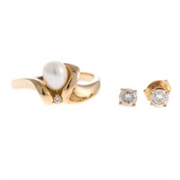 A Pair of Diamond Studs & Pearl Ring in 14K