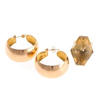 A Hexagonal Citrine Ring & Gold Hoops