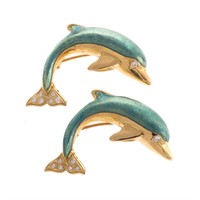 A Pair of Dolphin Pins with Diamonds in 18K Gold