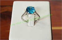 SS Blue Topaz Round Cut Engagement CZ  Ring