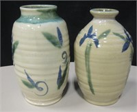 2 Asian Floral Pottery Vases, 9" & 9.5" Tall