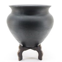 "lemax" Ceramic Black Planter with Wooden Stand