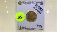 GOLD 1906 $5 HALF EAGLE COIN