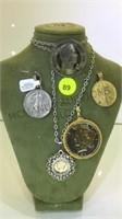 STERLING SILVER 25" NECKLACE W/5 COIN PENDANTS