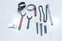 Group of Specialty Wrenches: chain wrench, filter
