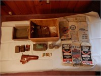 OLD SHOT CLOTH BAGS, LEATHER PISTOL HOLSTER, ETC.