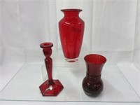 Red Glass Candlestick & Vases