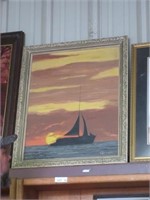 Framed Oil Painting of Boat at Sunset