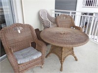 Lot #171 Contemporary Wicker table and two arm