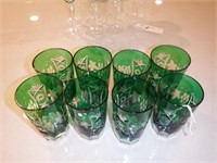 Lot #100 Set of (8) Bohemian emerald glass cut