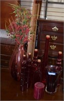 Red Art Glass Vase, Four Red Bottles w/ Cork