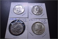 (4) Kennedy Half Dollars - 1964d, 71d, 72d, 76d