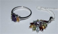 Sterling Silver Ring & Necklace w/ Amethyst,