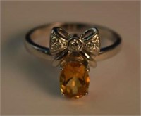 Sterling Silver Ring w/ Citrine, White Stones &