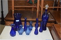 Blue Glass Bottle w/ Lid, Eight Vases & Pitcher