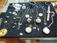 Vintage Westclox Pocket Watch, Pins, Necklaces
