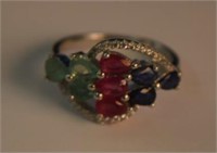 Sterling Silver Ring w/ Rubies, Emeralds, and