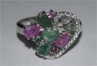 Size 9 Sterling Silver Ring w/ Emeralds, Rubies,