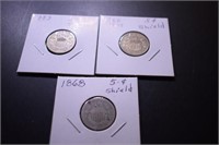 (3) Five-Cent Shield Coins - 1866 w/ Rays, 68, 83