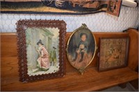 Early American Print in Leather Frame, Wooden Tray