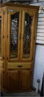 Lighted Oak Corner Cabinet w/ Glass Shelves