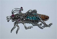 Sterling Silver Grasshopper Brooch w/ Rubies,