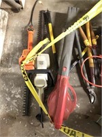 Hedge trimmers, leaf blower, extension cord, hose