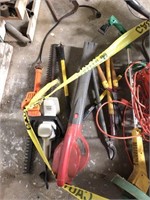 Hedge trimmers, leaf blower, extension cord, hose